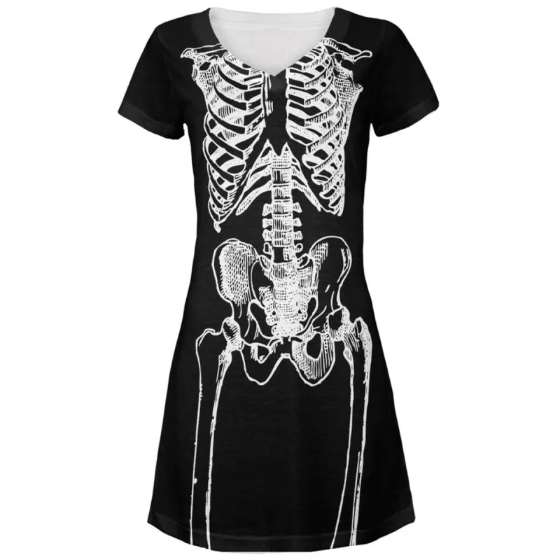 Halloween White Skeleton All Over Costume Juniors V-Neck Dress sold by Old Glory