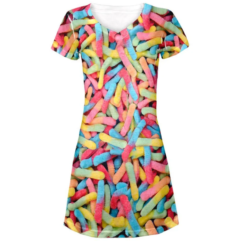Halloween Sour Gummy Worms All Over Juniors V-Neck Dress sold by Old Glory