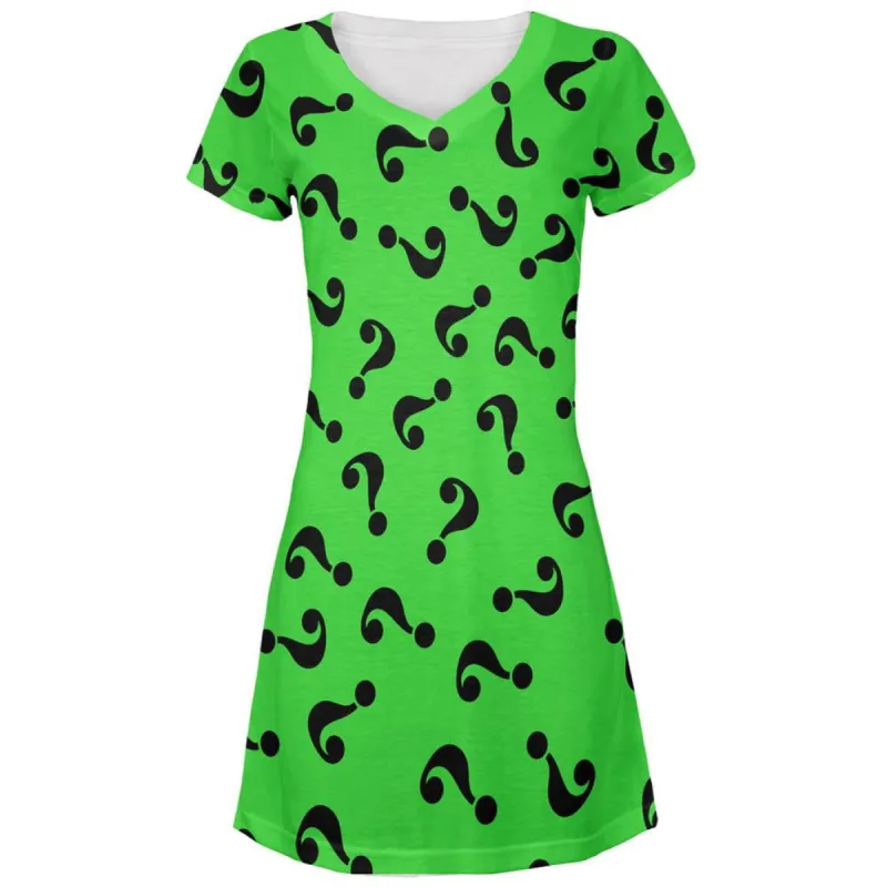 Halloween Riddle Me This Costume All Over Juniors V-Neck Dress sold by Old Glory
