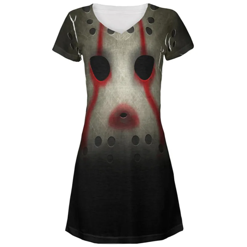 Halloween Horror Movie Hockey Mask Costume All Over Juniors Beach Cover-Up Dress sold by Old Glory