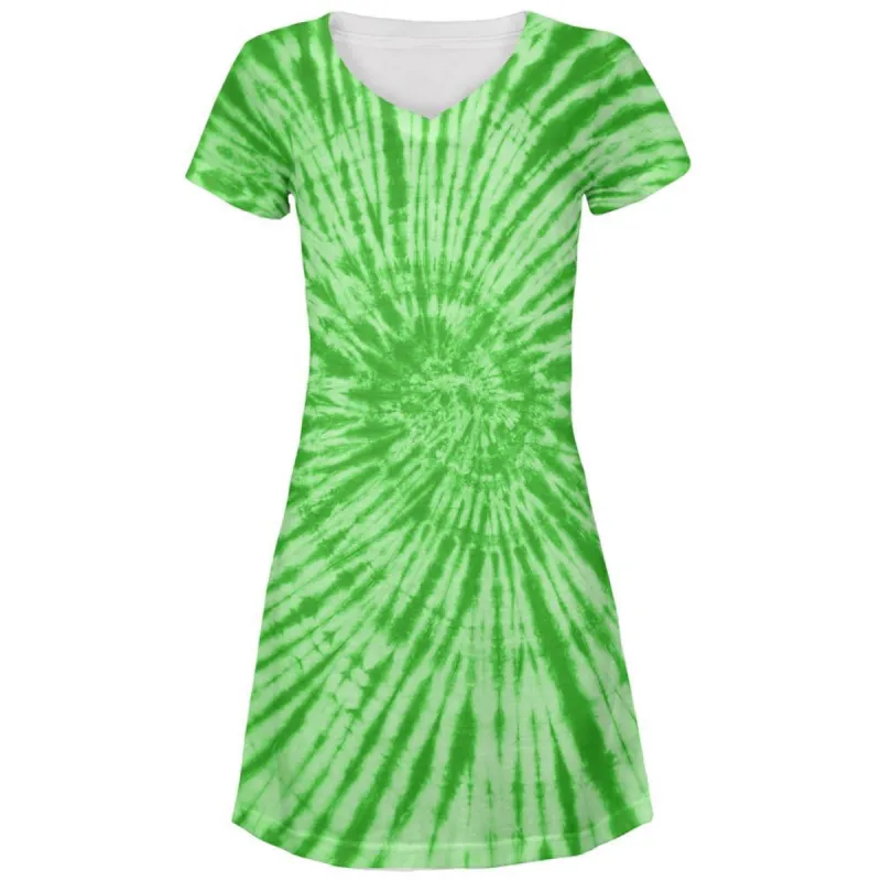 Green Tie Dye All Over Juniors V-Neck Dress sold by Old Glory