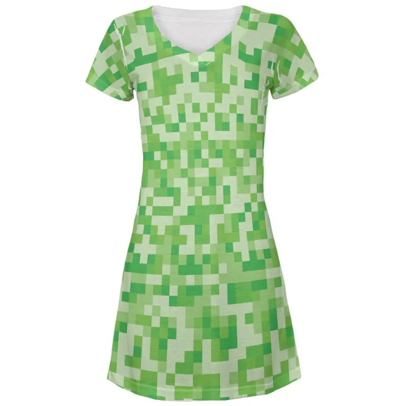 Green Pixels All Over Juniors V-Neck Dress sold by Old Glory