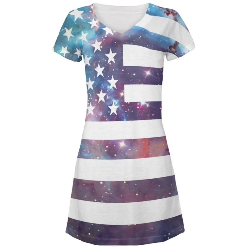 Galaxy American Flag All Over Juniors V-Neck Dress sold by Old Glory