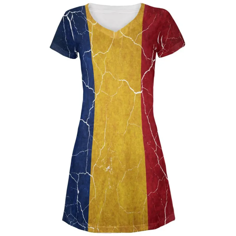 Distressed Romanian Flag All Over Juniors V-Neck Dress sold by Old Glory