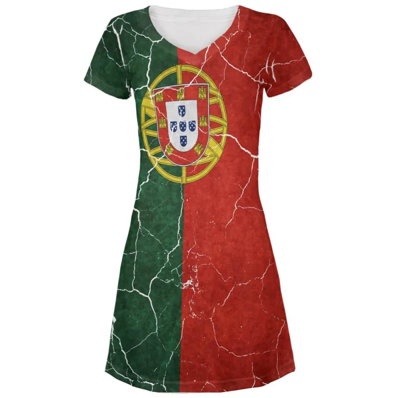Distressed Portuguese Flag All Over Juniors V-Neck Dress sold by Old Glory
