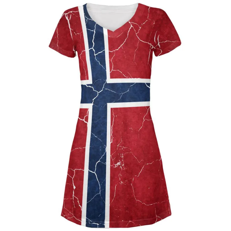 Distressed Norwegian Flag All Over Juniors V-Neck Dress sold by Old Glory