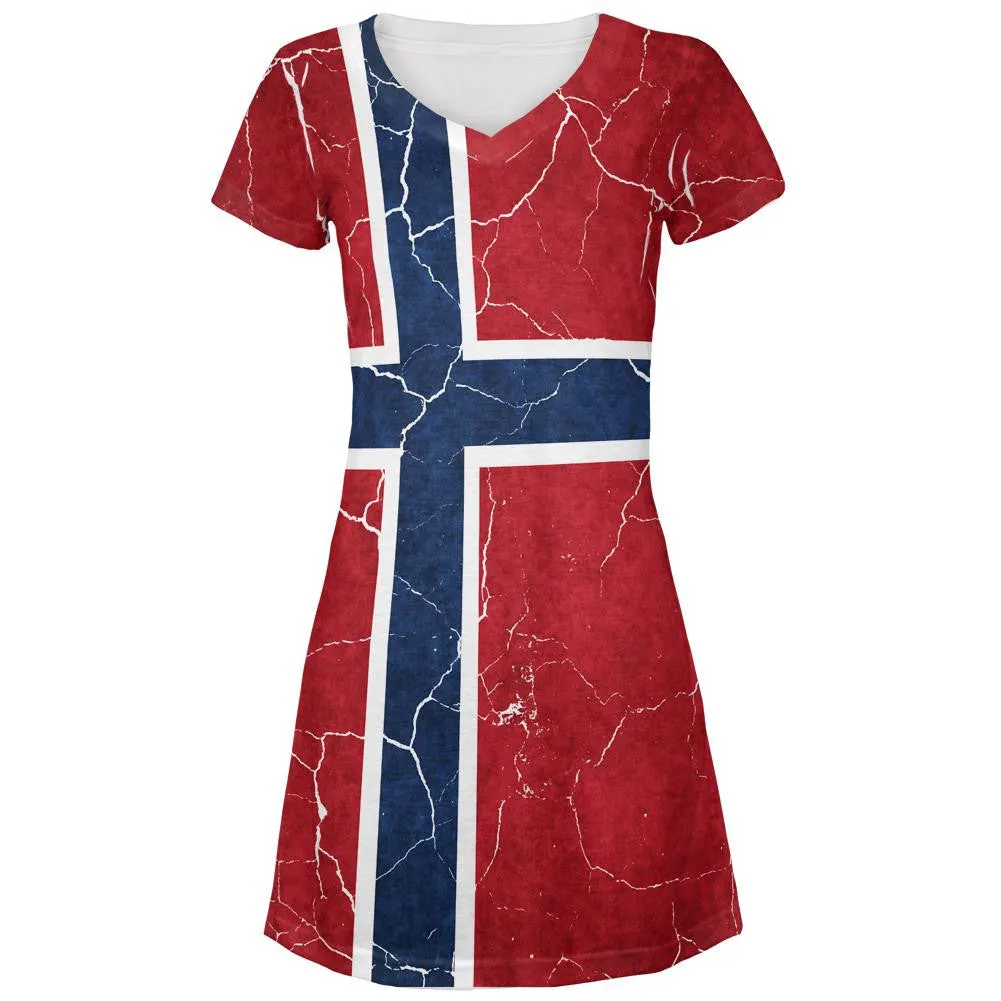 Distressed Norwegian Flag All Over Juniors V-Neck Dress sold by Old Glory