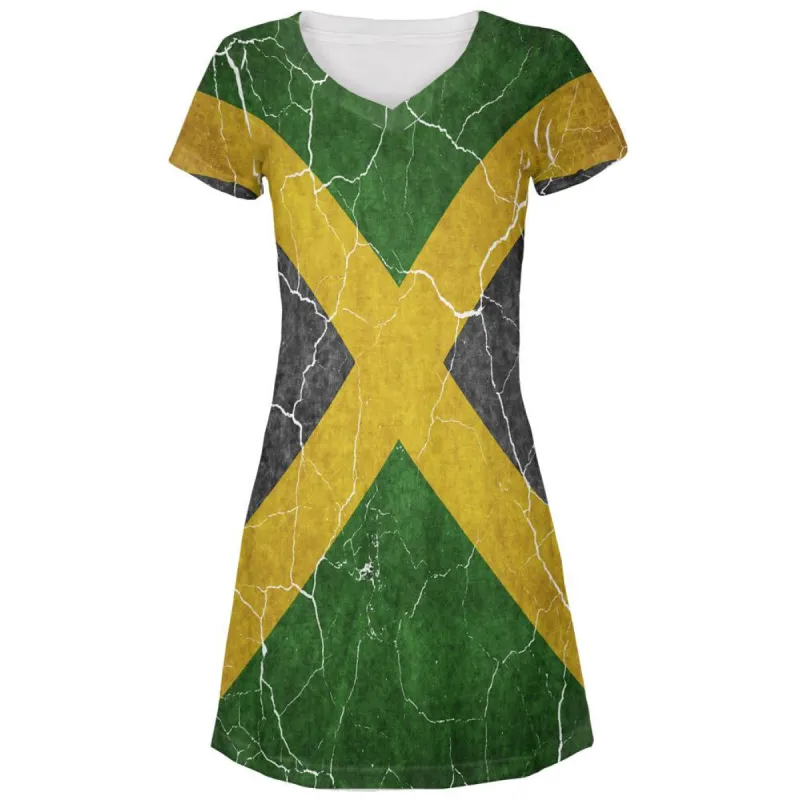 Distressed Jamaican Flag All Over Juniors V-Neck Dress sold by Old Glory