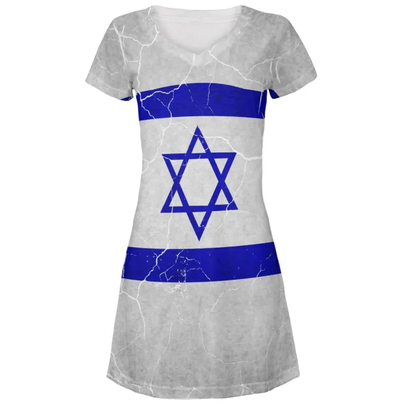 Distressed Israeli Flag All Over Juniors V-Neck Dress sold by Old Glory