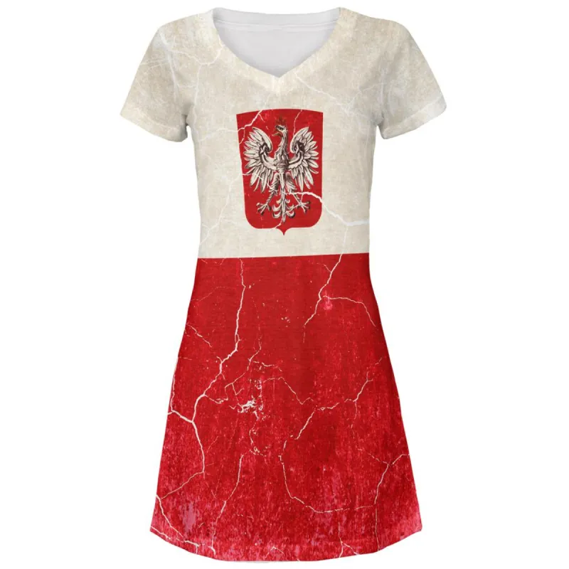 Distressed Grunge Polish Crest Flag Juniors V-Neck Beach Cover-Up Dress sold by Old Glory