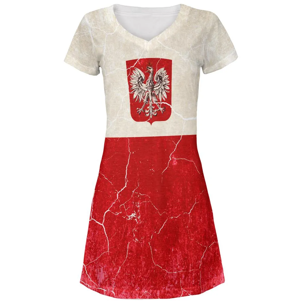 Distressed Grunge Polish Crest Flag Juniors V-Neck Beach Cover-Up Dress sold by Old Glory
