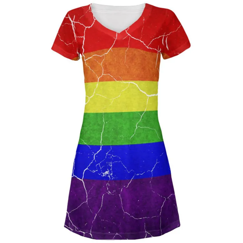 Distressed Gay Pride Flag All Over Juniors V-Neck Dress sold by Old Glory