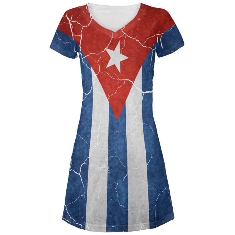 Distressed Cuban Flag All Over Juniors V-Neck Dress sold by Old Glory