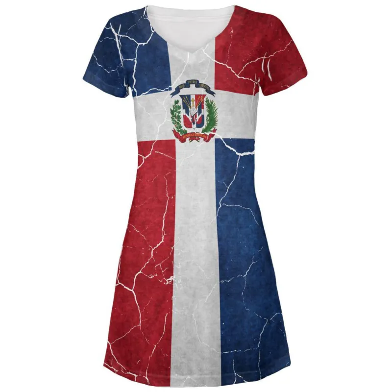 Distressed Dominican Republic Flag All Over Juniors V-Neck Dress sold by Old Glory
