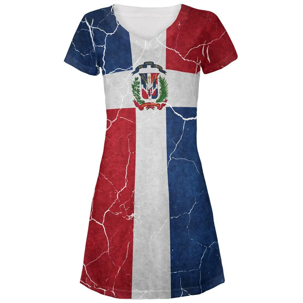 Distressed Dominican Republic Flag All Over Juniors V-Neck Dress sold by Old Glory