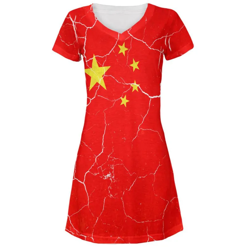 Distressed Chinese Flag All Over Juniors V-Neck Dress sold by Old Glory