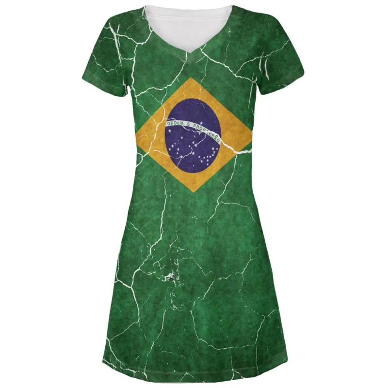 Distressed Brazilian Flag All Over Juniors V-Neck Dress sold by Old Glory