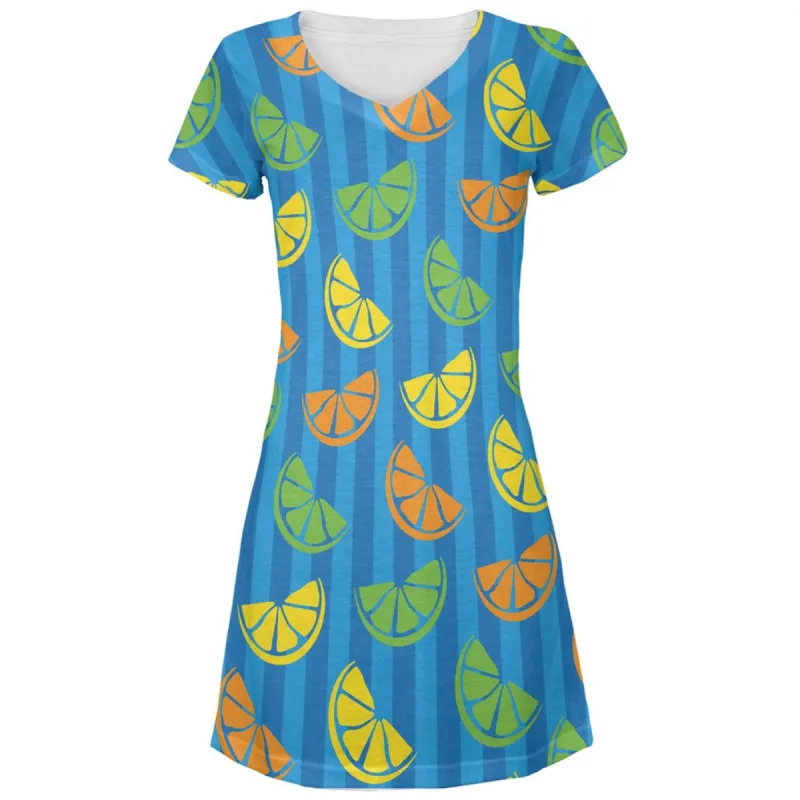 Citrus Lemon Lime Summer Blue All Over Juniors V-Neck Dress sold by Old Glory