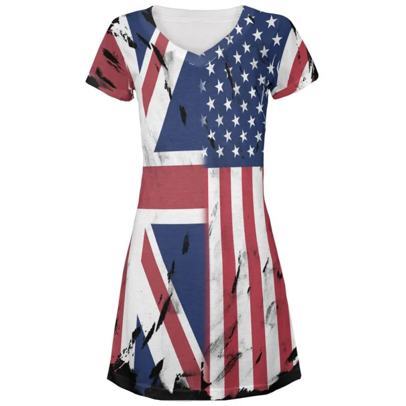 British UK American USA Flag All Over Juniors V-Neck Dress sold by Old Glory