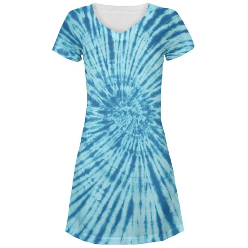 Blue Tie Dye All Over Juniors V-Neck Dress sold by Old Glory