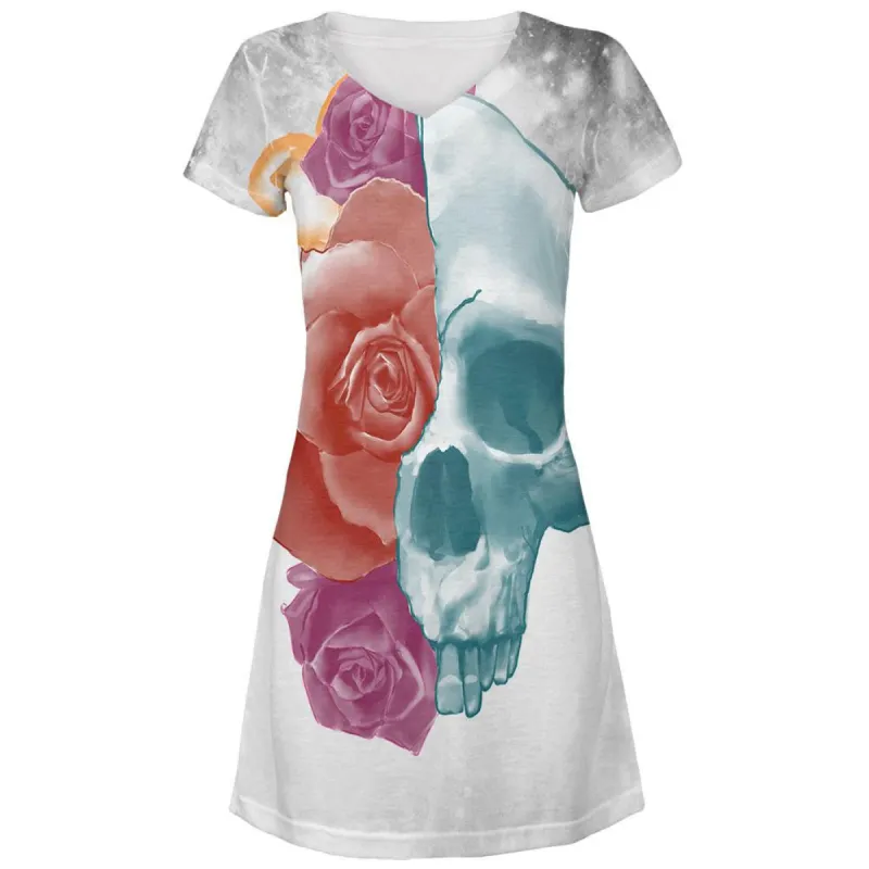 Blooming Flowers Skull All Over Juniors V-Neck Dress sold by Old Glory