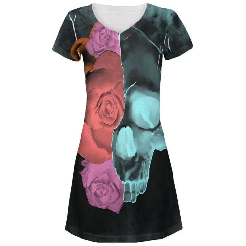 Blooming Flowers Skull XRay All Over Juniors V-Neck Dress sold by Old Glory