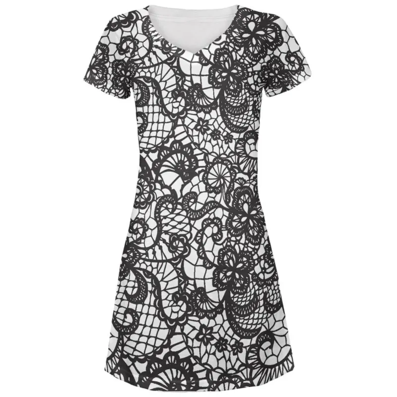 Black And White Lace All Over Juniors V-Neck Dress sold by Old Glory