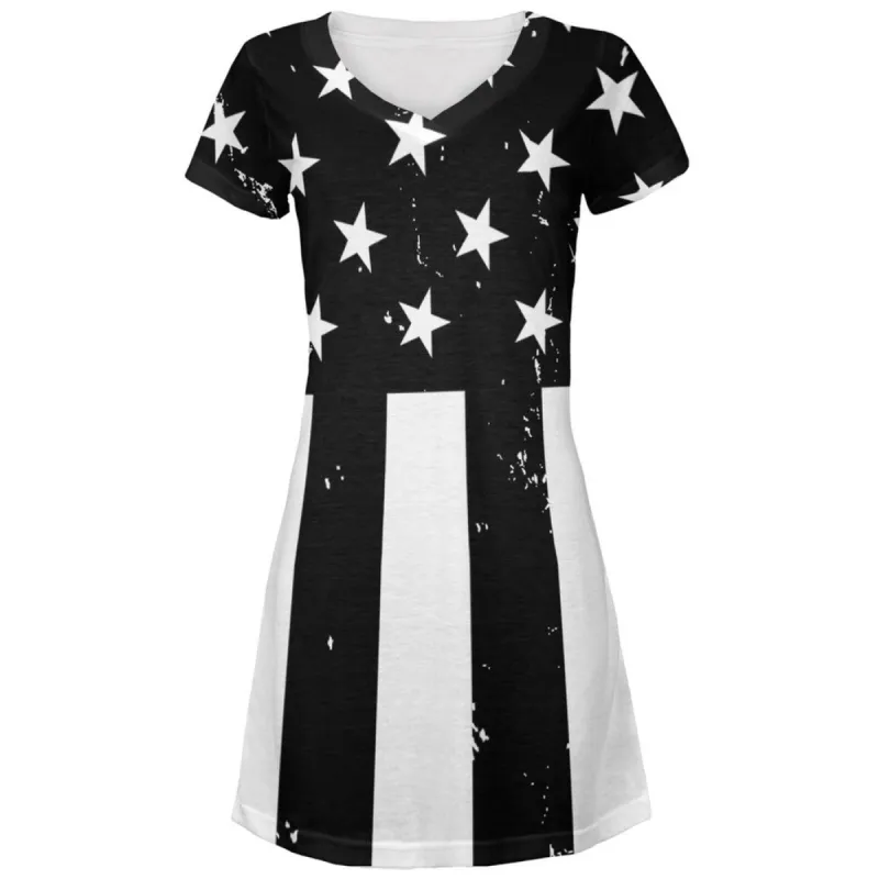 Black and White American Flag All Over Juniors V-Neck Dress sold by Old Glory