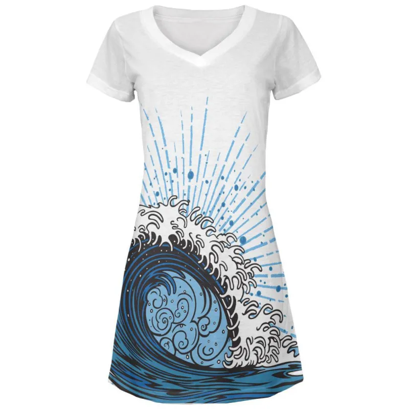 Asian Wave All Over Juniors V-Neck Dress sold by Old Glory