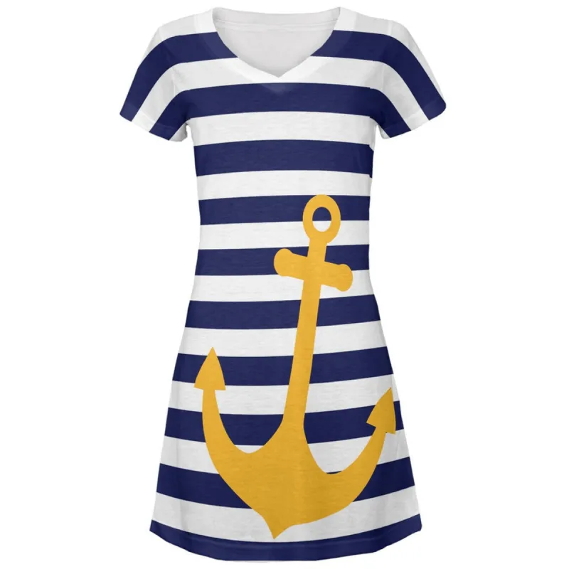 Anchor Stripes Navy & White All Over Juniors V-Neck Dress sold by Old Glory