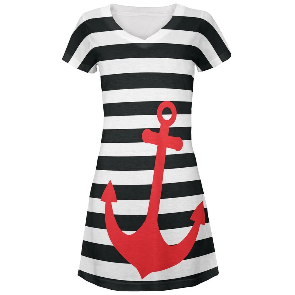 Anchor Stripes Black & White All Over Juniors V-Neck Dress sold by Old Glory