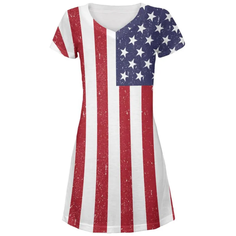 4th of July American Flag Distressed All Over Juniors V-Neck Dress sold by Old Glory