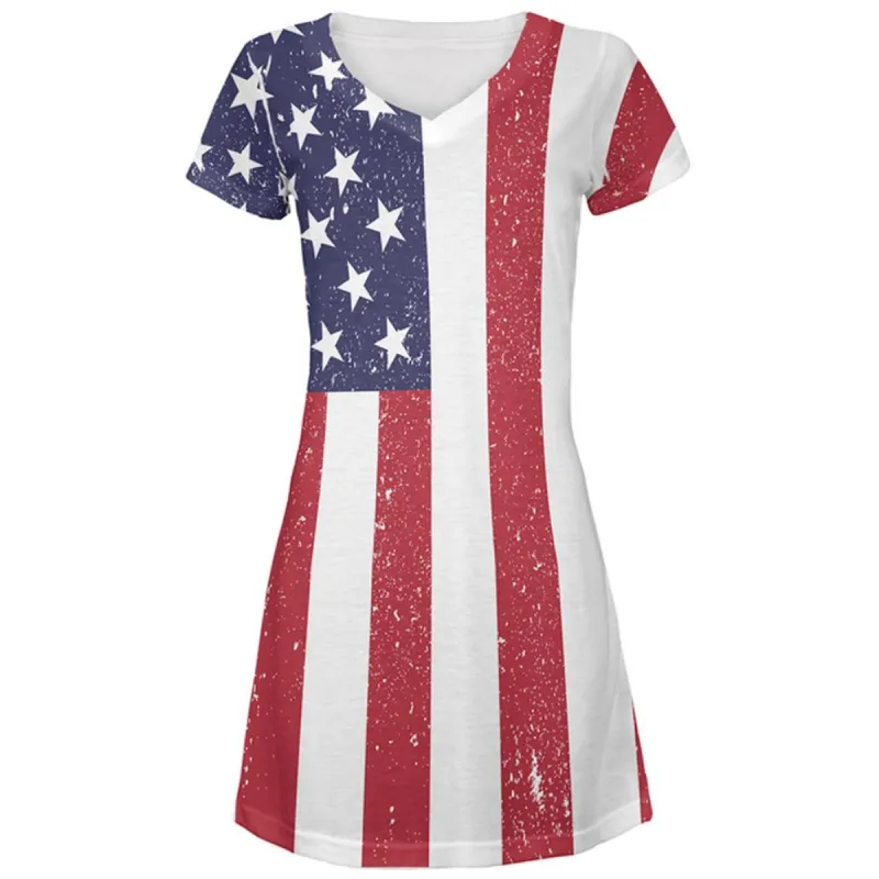 4th of July American Flag Distressed Juniors V-Neck Beach Cover-Up Dress sold by Old Glory