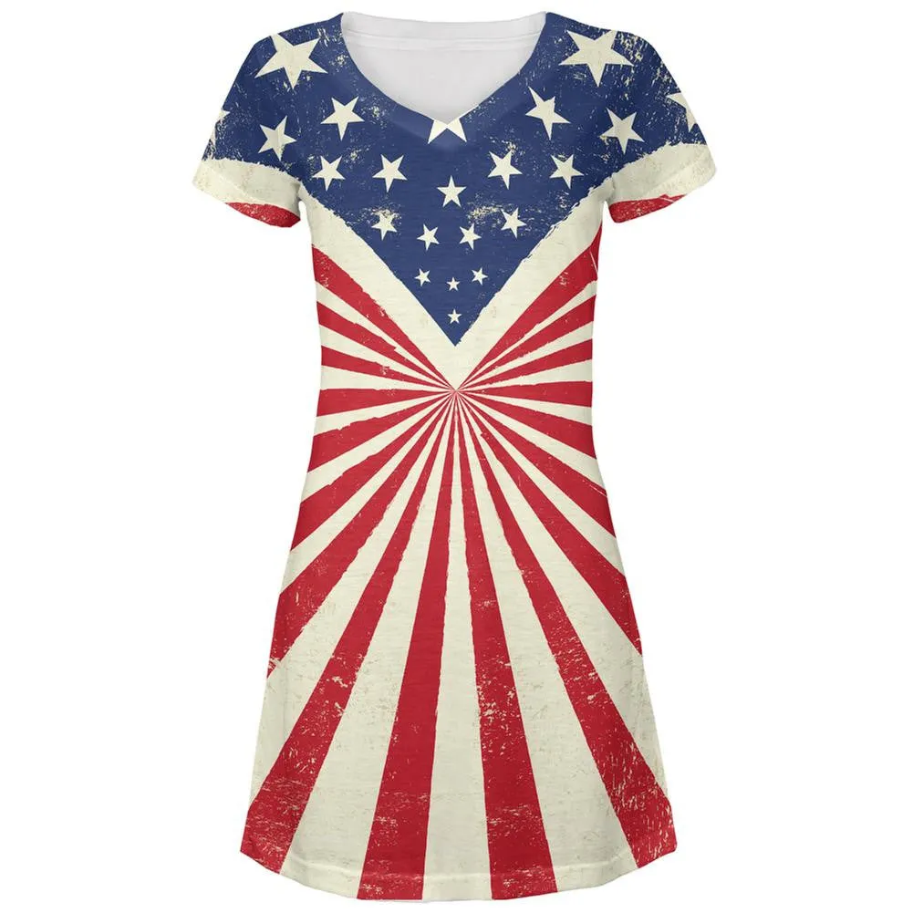 4th Of July American Flag Rays All Over Juniors V-Neck Dress sold by Old Glory