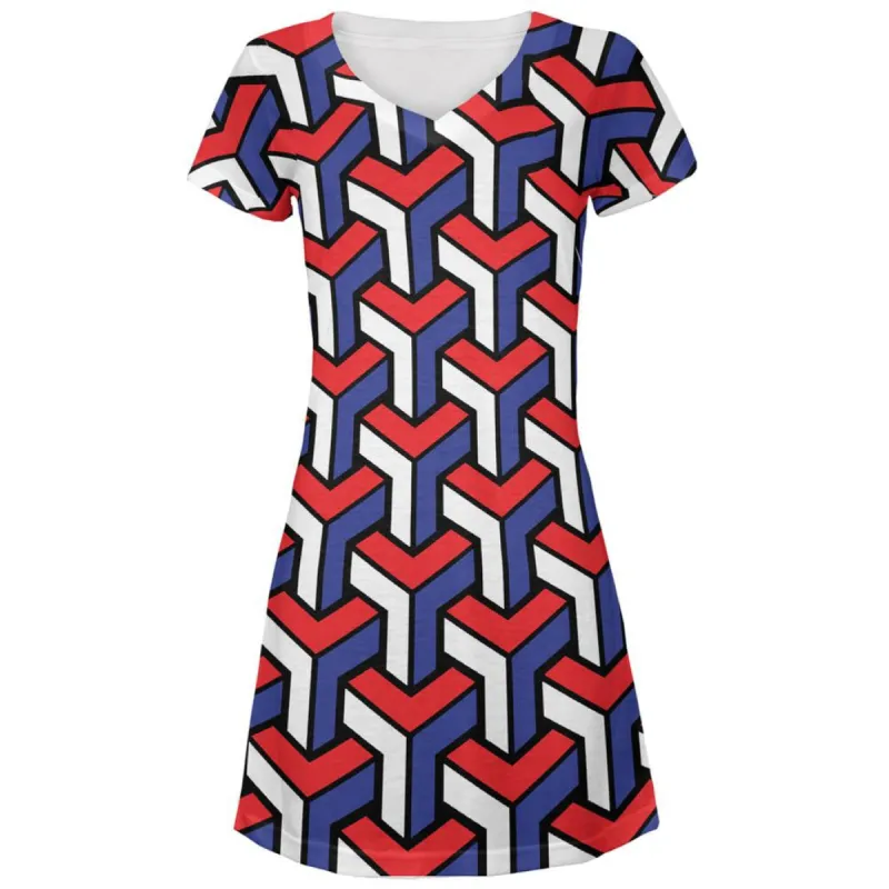 4th of July 3d Red White & Blue Blocks All Over Juniors V-Neck Dress sold by Old Glory