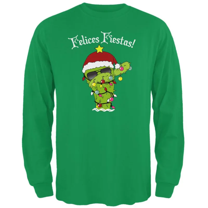 Christmas Dabbing Cactus Felices Fiestas Happy Holidays Mens Long Sleeve T Shirt sold by Old Glory
