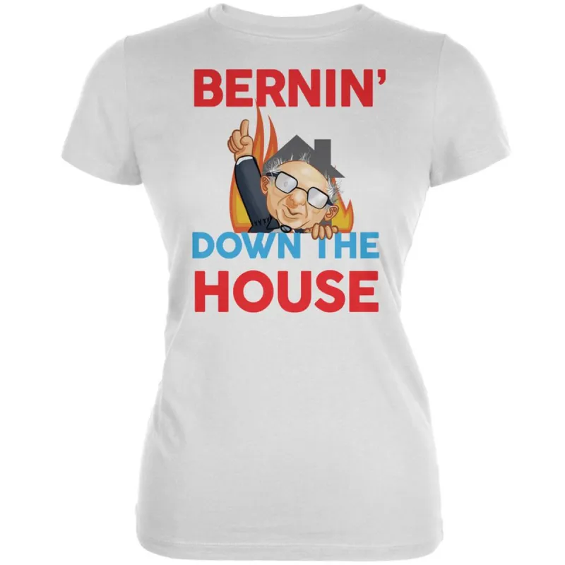 Election 2020 Bernie Bernin' Down The House White Juniors Soft T-Shirt sold by Old Glory