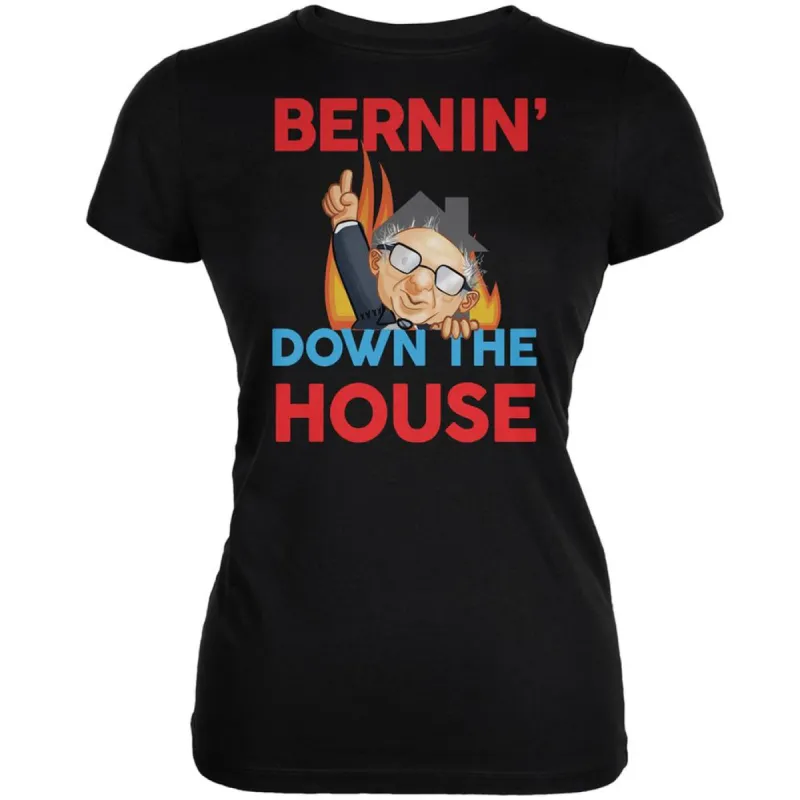 Election 2020 Bernie Bernin' Down The House Black Juniors Soft T-Shirt sold by Old Glory