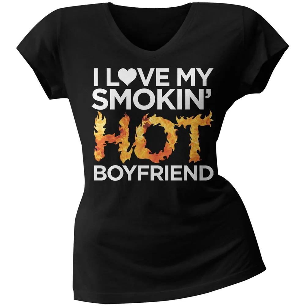 Valentine's Day Smokin Hot Boyfriend Black Juniors V-Neck T-Shirt sold by Old Glory