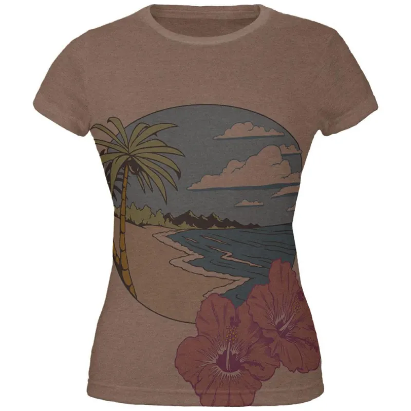 Paradise Hibiscus Blossom All Over Heather Brown Juniors Soft T-Shirt sold by Old Glory