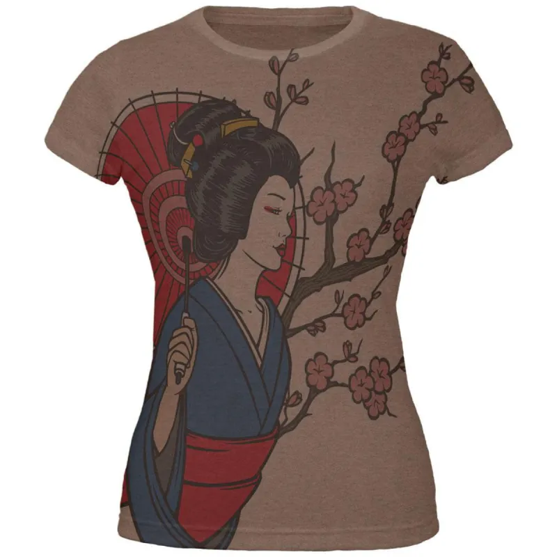 Geisha Blossom All Over Heather Brown Juniors Soft T-Shirt sold by Old Glory