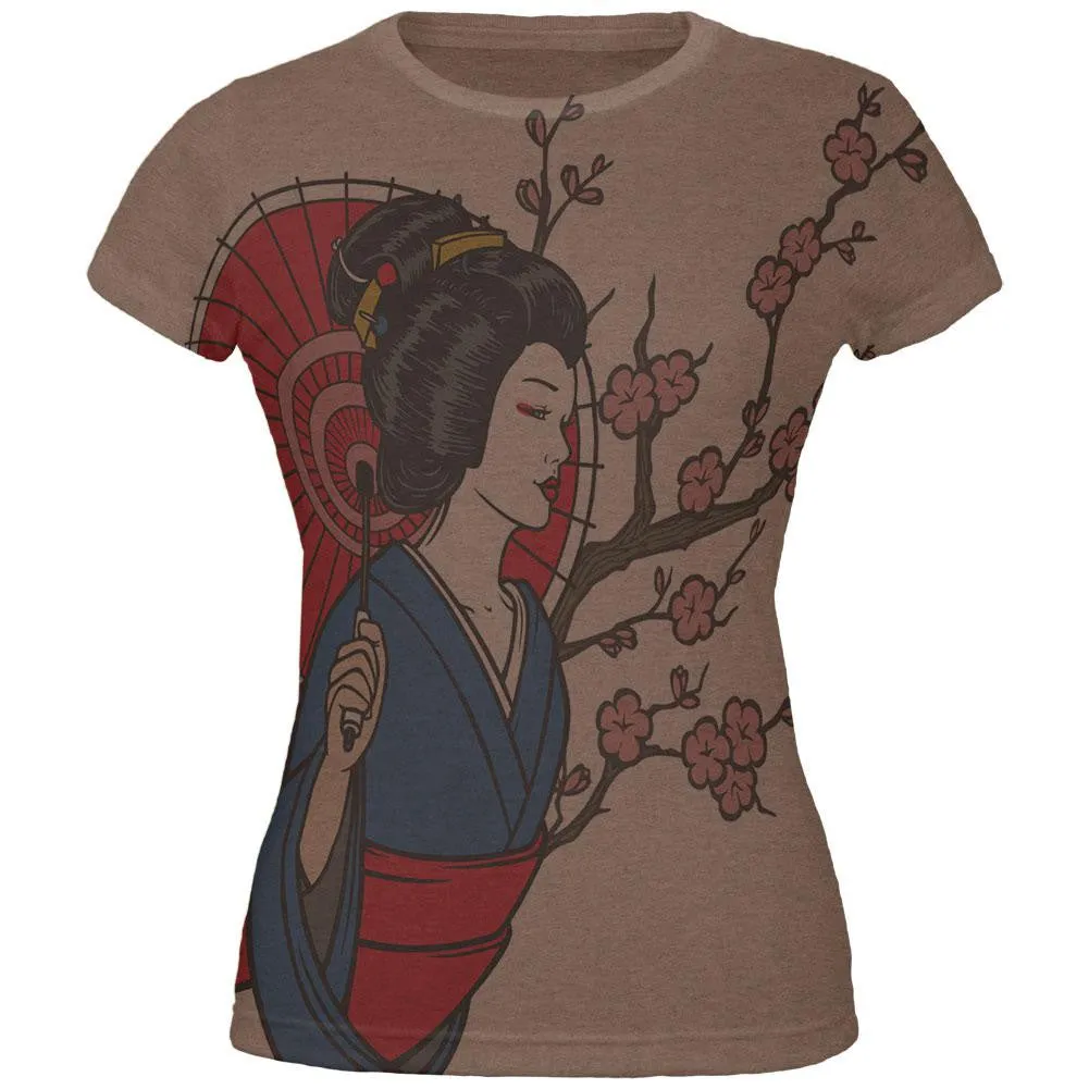 Geisha Blossom All Over Heather Brown Juniors Soft T-Shirt sold by Old Glory