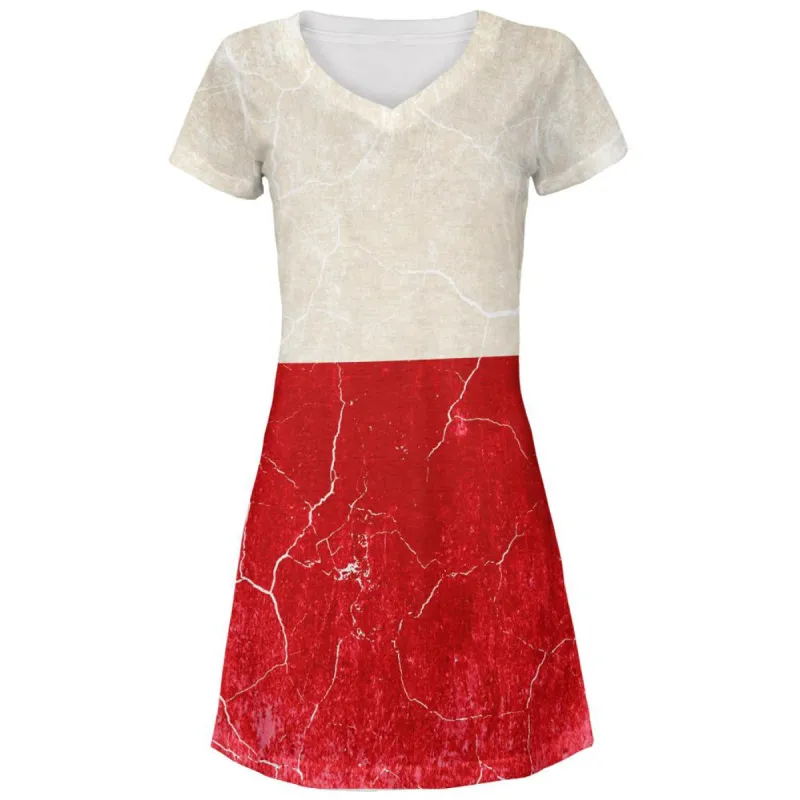 Distressed Grunge Polish Flag All Over Juniors V-Neck Dress sold by Old Glory