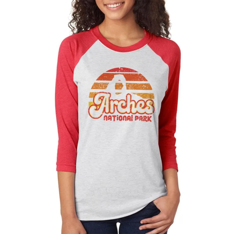 National Park Retro 70s Sunset Arches Unisex Raglan T Shirt sold by Old Glory