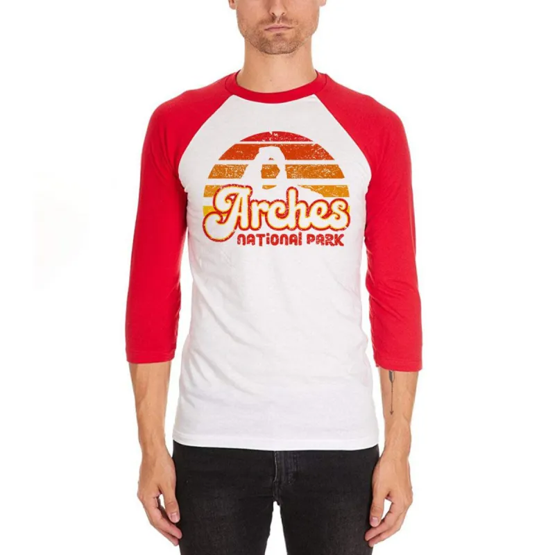 National Park Retro 70s Sunset Arches Mens Soft Raglan T Shirt sold by Old Glory