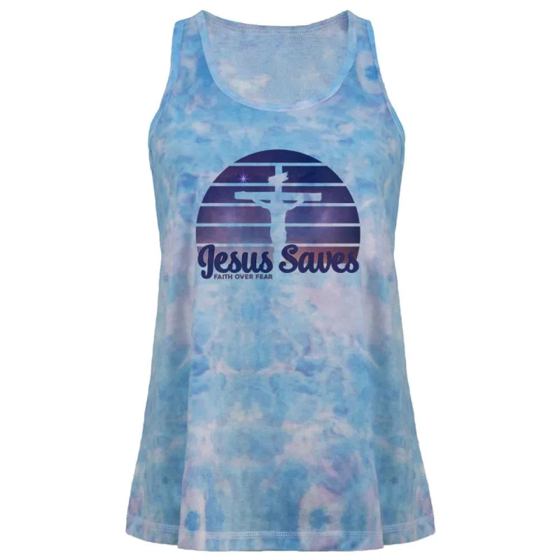 Jesus Saves Faith Over Fear Sun Crucifix Juniors Tie Dye Tank Top sold by Old Glory