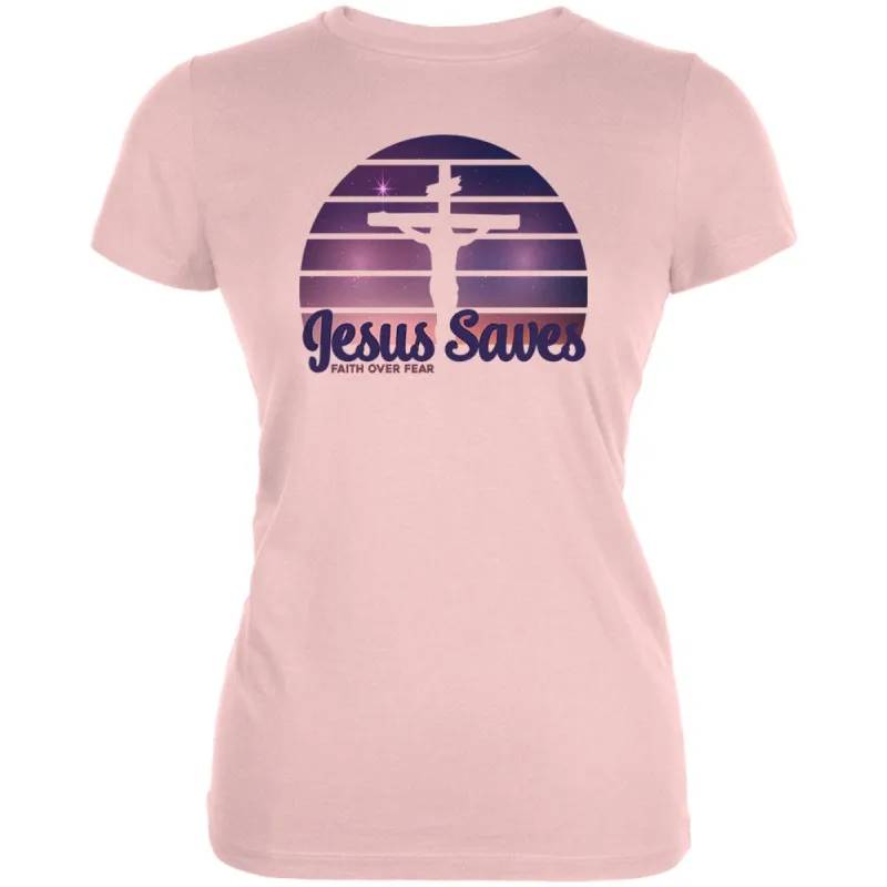Jesus Saves Faith Over Fear Sun Crucifix Juniors Soft T Shirt sold by Old Glory