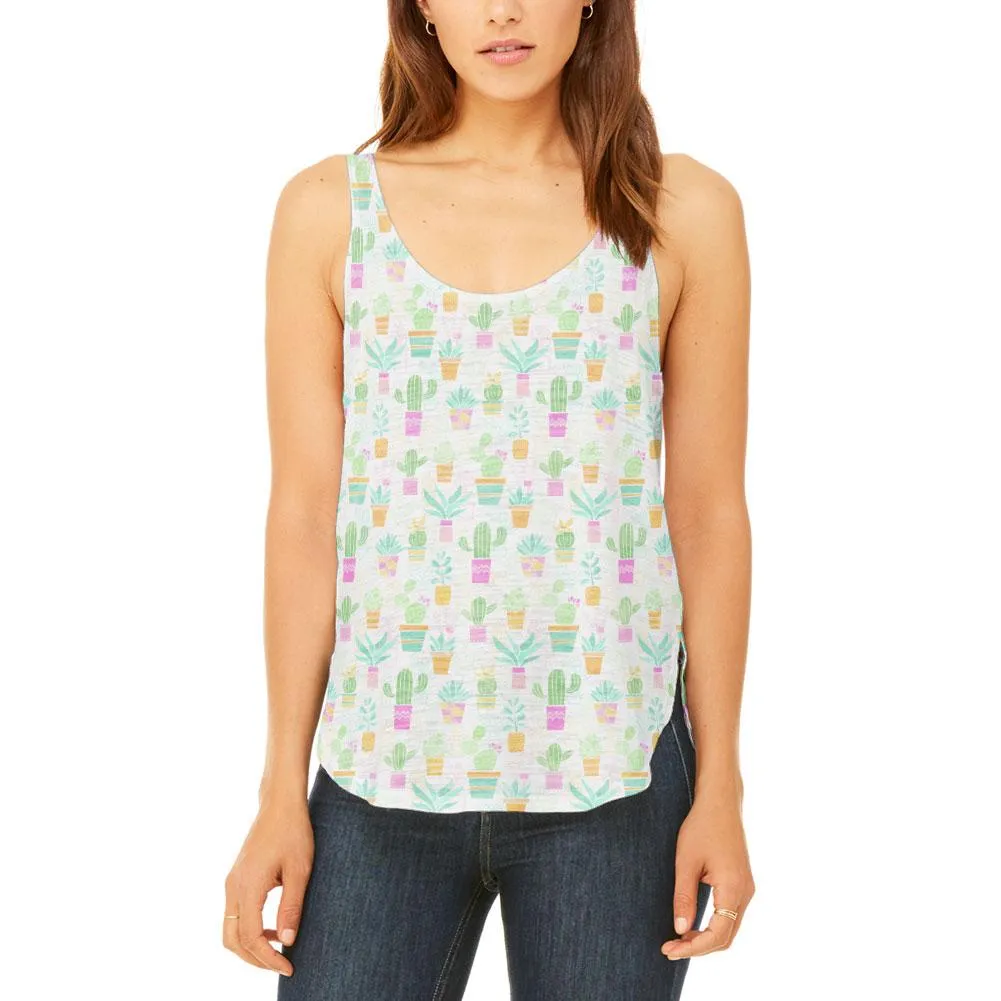 Watercolor Retro Cactus Bold Pastel Pattern Repeat Juniors Flowy Side Slit Tank Top sold by Old Glory
