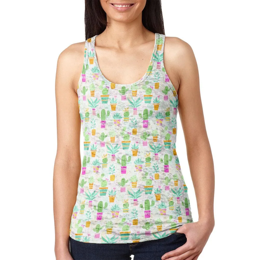 Watercolor Retro Cactus Bold Pastel Pattern Repeat Juniors Burnout Racerback Tank Top sold by Old Glory