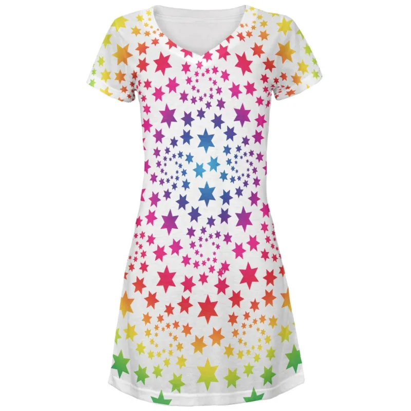 Rainbow Star Swirls All Over Juniors V-Neck Dress sold by Old Glory
